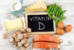 Assortment of foods rich in Vitamin D.